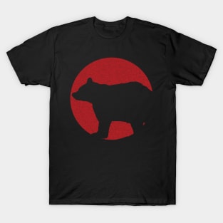 Minimalist Black Bear Silouette on Distressed Red Sun Background T-Shirt